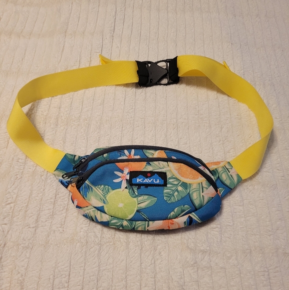 Kavu Handbags - Kavu Blue And Yellow Citrus Canvas Spectator Fanny Pack Tropical Pattern